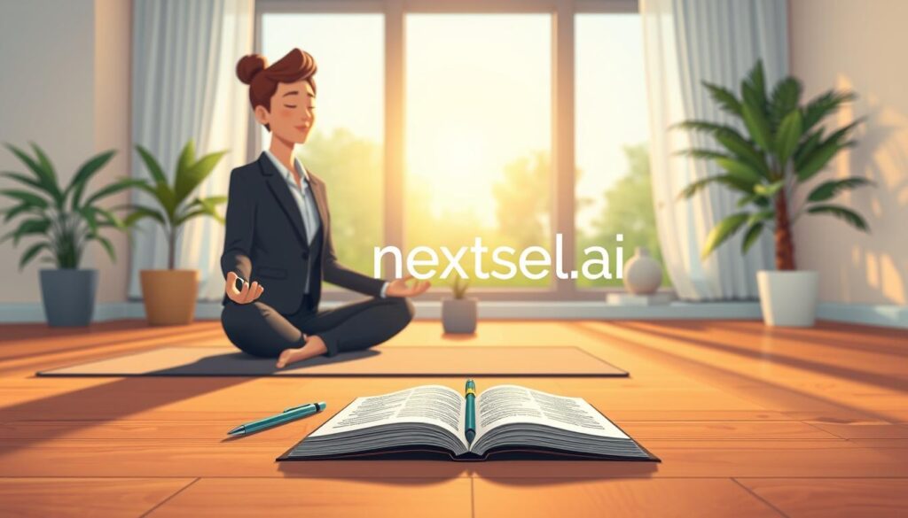 A serene indoor setting for self-awareness practices, featuring a person sitting peacefully on a yoga mat in professional business attire, engaging in mindfulness meditation. The foreground showcases a warm, soft light illuminating their focused expression, with an open journal and a pen beside them. In the middle ground, a small indoor plant adds a touch of nature, symbolizing growth and tranquility. In the background, a window reveals a calm, sunlit garden. The overall atmosphere is one of tranquility and introspection, emphasizing personal growth and self-discovery. Use a shallow depth of field to keep the focus on the individual. The lighting should be soft and inviting, conveying a sense of calm and reflection. Include the brand name "nextself.ai" subtly integrated into the scene, enhancing the mindful ambiance.